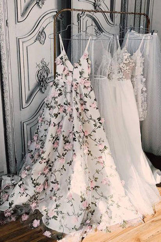 Floral Lace Beautiful Spaghetti Straps Long Prom Dress Evening Dress
