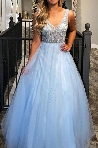 Charming Beaded Ball Dresses Sky Blue V-neck Junior Prom Dress