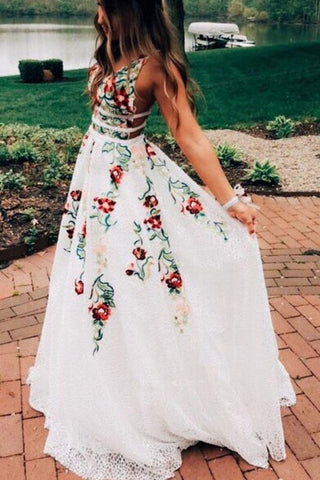 Lace A-Line V-Neck Prom Dresses With Embroidery Printed Evening Dresse