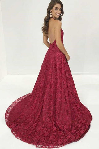 V-Neck Burgundy Deep Lace Sweep Train Backless Long Prom Gown,