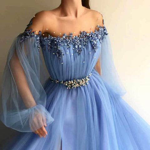 Elegant Off the Shoulder Blue Long Sleeves Beaded Side Slit Prom Dresses