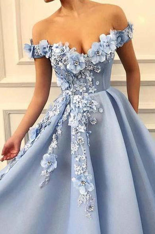 Off the Shoulder A-Line Blue Tulle Lace Sweetheart 3D Flowers Prom Dresses