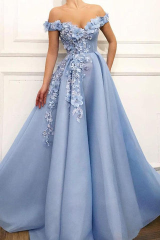 Off the Shoulder A-Line Blue Tulle Lace Sweetheart 3D Flowers Prom Dresses