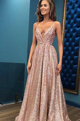 Gorgeous V-Neck Spaghetti-Straps Long Sequins Evening Gown
