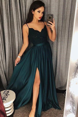 Spaghetti-Straps Dark-Green Prom Dress Lace Evening Gowns With Slit