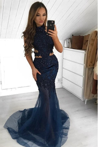 Halter Sleeveless Sheer-Tulle Mermaid Prom Dress
