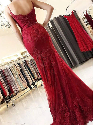 Spaghetti Straps Burgundy Spaghetti Straps Mermaid Long Lace Prom Dress