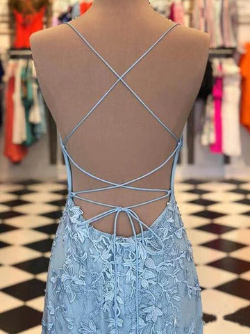 Cute Spaghetti Straps Sky Mermaid Backless Scoop Pageant Prom Dresses