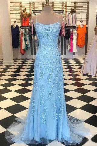 Cute Spaghetti Straps Sky Mermaid Backless Scoop Pageant Prom Dresses