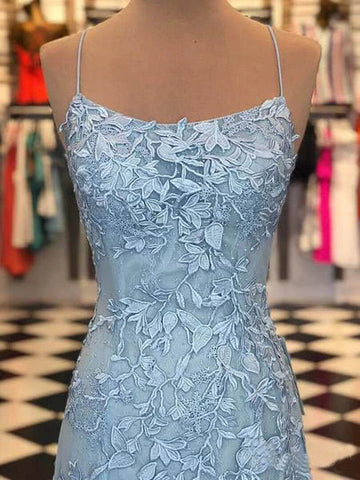 Cute Spaghetti Straps Sky Mermaid Backless Scoop Pageant Prom Dresses