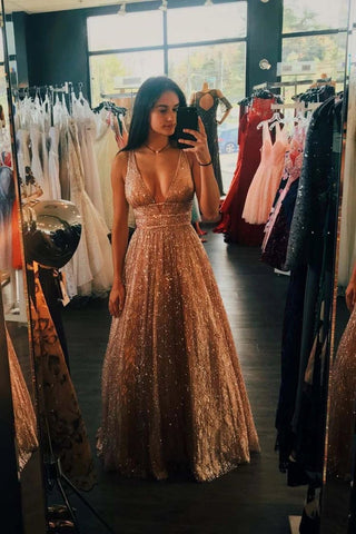 A-line Deep V-neck Sleeveless Sequins Floor-length Prom Dresses, Long Evening Dresses