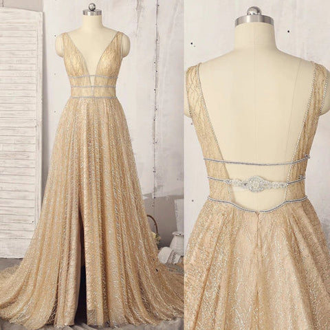 A-line Deep V-neck Sleeveless Sequins Floor-length Prom Dresses, Long Evening Dresses