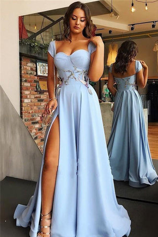 Günstige Satin Sweetheart Neck Ballkleider High Slit Sky Blue Abendkleid