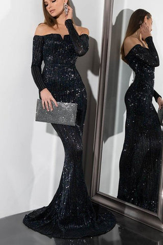Sequin Prom Dresses with Sleeves Off the Shoulder Black Evening Gowns