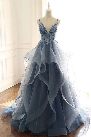 Deep V-neck Appliqued Prussian Blue Multi-Layered Organza Prom Dresse