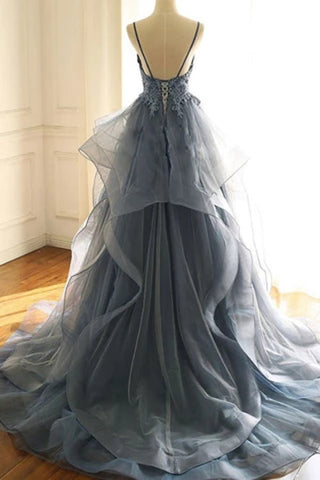 Deep V-neck Appliqued Prussian Blue Multi-Layered Organza Prom Dresse