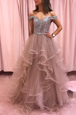 Rhinestones Bodice Multi Layered Bottom Prom Dresses Rose Pink Tulle Party Dresses