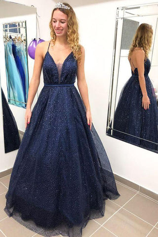 Sparkly Ball Gown V-neck Open Back Spaghetti Straps Navy Prom Dresses, Elegant Evening Dresses