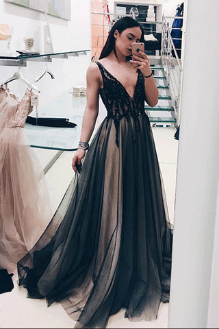 Elegant A-line V-neck Open Back Black Prom Dresses with Beading, Fairy Evening Dresses