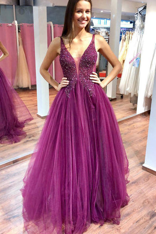 Sparkly V-neck Fuchsia Tulle & Lace Long Prom Dresses with Beaded, Elegant Evening Dresses