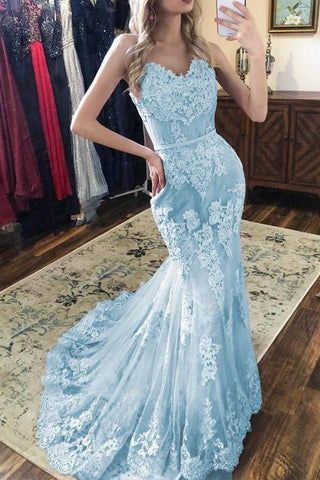 Gorgeous Mermaid V-neck Spaghetti Straps Light Blue Lace Prom Dresses