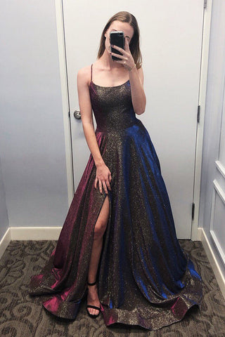 Funkelndes Ballkleid mit U-Ausschnitt, Spaghettiträgern und Schlitz, Ballkleider, einzigartige Partykleider mit Taschen