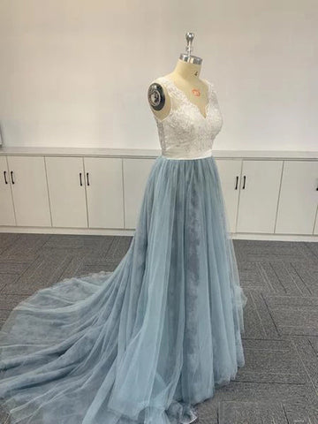 Tulle Embroidered Ombre Soft Lace V-neck Prom Dresses Formal Dresses