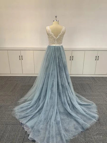 Tulle Embroidered Ombre Soft Lace V-neck Prom Dresses Formal Dresses