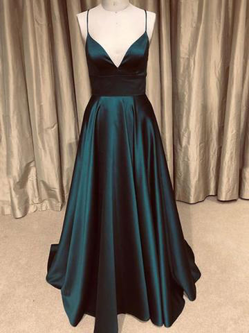 A-line V-neck Spaghetti Straps Open Back Dark Green with Pockets, Sparkly Prom Dresses
