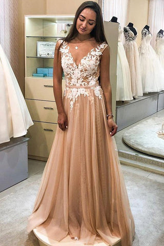Elegant A-line V-neck Lace Appliques Prom Dresses,Tulle Evening Party Dresses