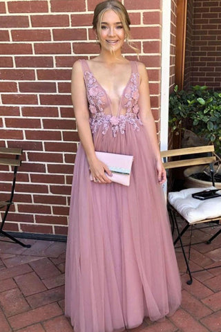 Charming A-line V-neck Open Back Pink Flower Lace Prom Dresses, Fairy Dresses