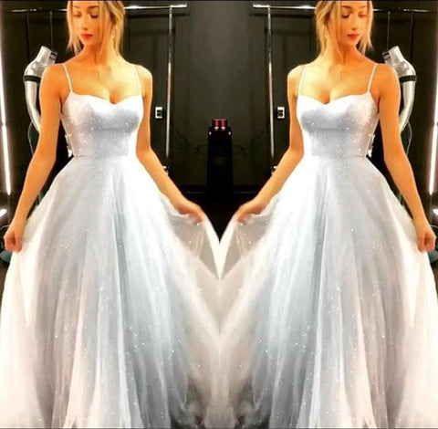 Sparkly A-Line Sky Blue Backless Dress Floor-length Prom Dresses
