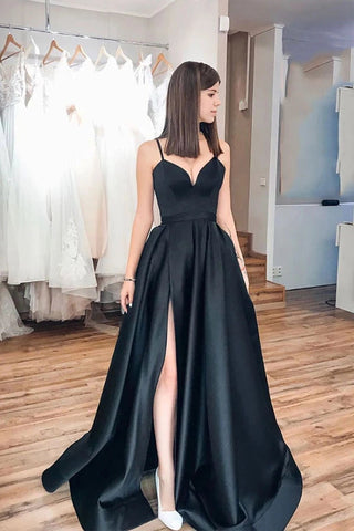 Simple Black Spaghetti Strap Satin Long Prom Dress Evening Dress
