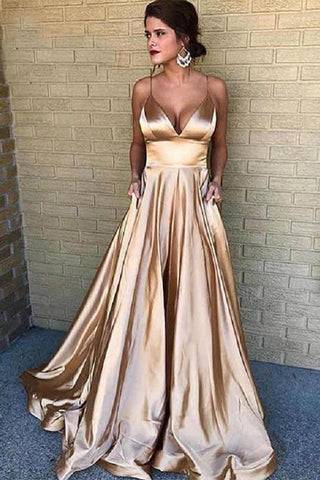 Cheap Prom Dresses Spaghetti Straps Long Evening Gowns With Pockets