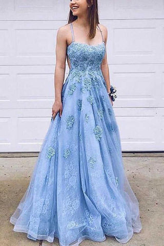 Cheap A-line Sweetheart Spaghetti Straps Blue Lace Prom Dresses with Appliques