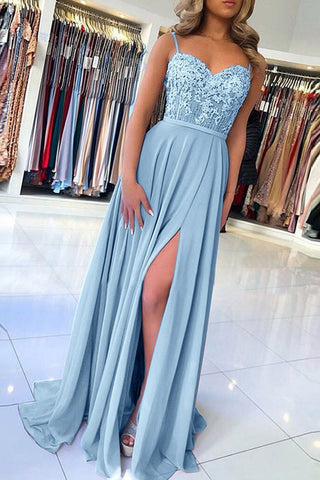 Elegante Sweetheart Spaghettiträger Blaue Spitze Schlitz Ballkleider, Perlenbesetzte Ballkleider