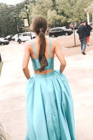 Simple Ball Gown V-neck Two Piece Lake Blue Satin Prom Dresses with Pockets