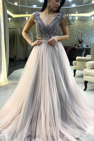 V-neck Grey Long Prom Dresses Appliques Evening Dresses with Beading