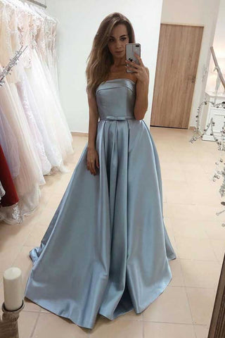 Strapless Blue Satin Long Prom Dresses with Bow,Elegant Gown Dresses with Pockets