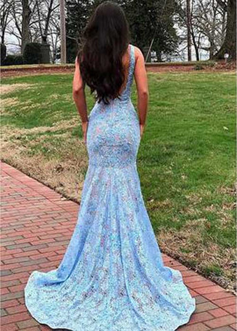 Charming Mermaid V-neck Open Back Light Blue Lace Prom Dresses,Elegant Evening Party Dresses