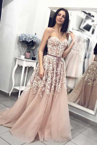 Ball Gown Sweetheart Dusty Blush Lace Long Prom Dresses,Elegant Gown Dresses