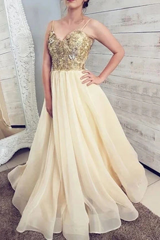Gorgeous Ball Gown V-neck Spaghetti Straps Daffodil Organza Long Prom Dresses,Lace Gown Dresses