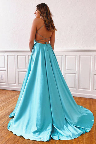 Simple Satin V-neck Spaghetti Straps Lace A-Line Long Prom Dress with Slit