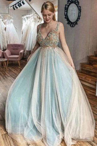 Tulle A-line V-neck Beaded Evening Dress Sweep Train Senior Prom Dress