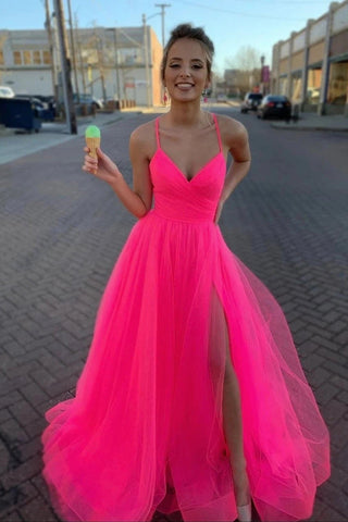 A-line Modest Tulle V-Neck Spaghetti Straps Long Prom Dress with Slit