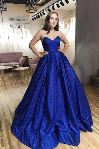 Sparkle Royal Blue Tulle Strapless V-neck A-Line Prom Dress with Pockets