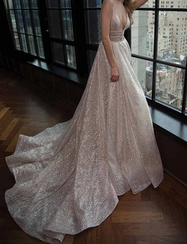 Simple Prom Dresses V-neck Silver Organza Long Prom Dress/Evening Dress