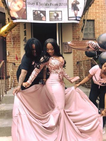 Popular Rose Pink Sequins Mermaid V-Neck Long Sleeves Prom Dresses with Court Train