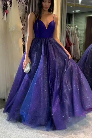 Spaghetti Straps A-Line V-neck Modest Tulle Sparkle Prom Dress