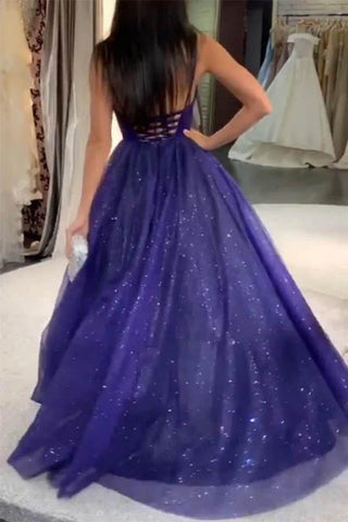 Spaghetti Straps A-Line V-neck Modest Tulle Sparkle Prom Dress
